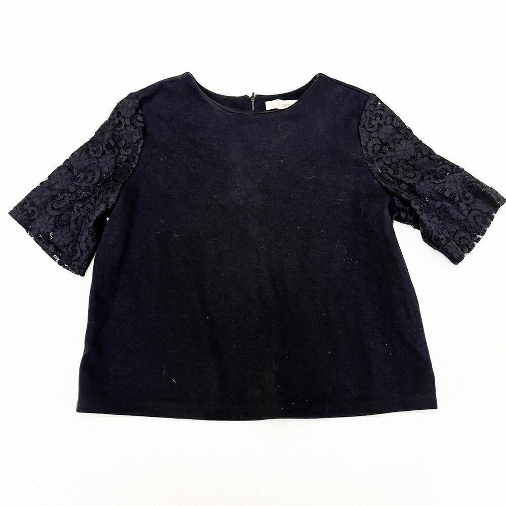 Ann Taylor Black Lace Sleeve Short Sleeve Black Top Size Large